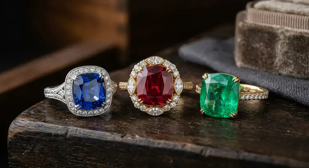 Vibrant sapphire, ruby, and emerald gemstone rings