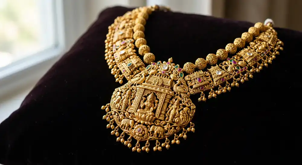 Traditional 22k gold bridal necklace with temple motifs