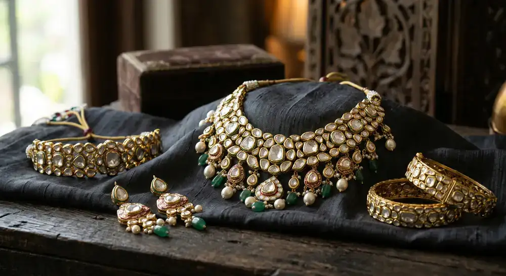 Polki and Kundan uncut diamond jewelry pieces