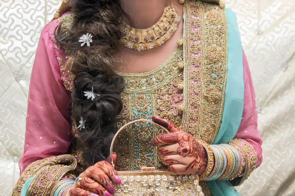 Model wearing intricate Indian bridal gold jewelry